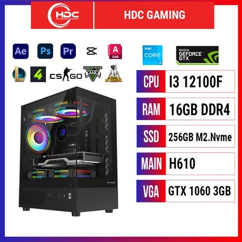 PC HDC GAMING CPU Intel i3 12100F – RAM 16GB DDR4 – SSD 256GB – MAIN H610 - VGA GTX 1060 3GB